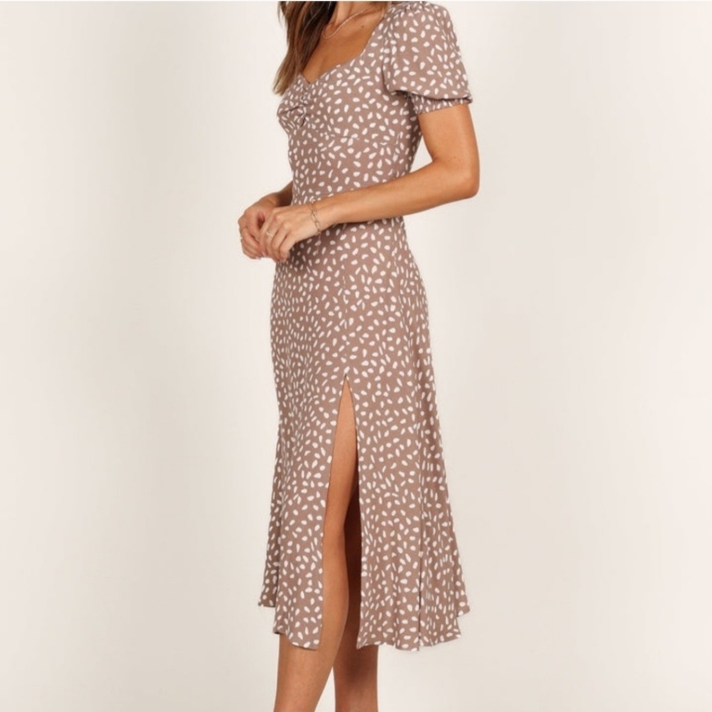 Petal & Pup Mocha Franklin Print Puff Sleeve Midi Dress - Size 2 - Picture 3 of 10